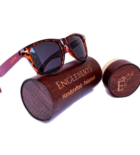 Red Bamboo Tortoise Framed Sunglasses With Wood Case, Artisan Engraved